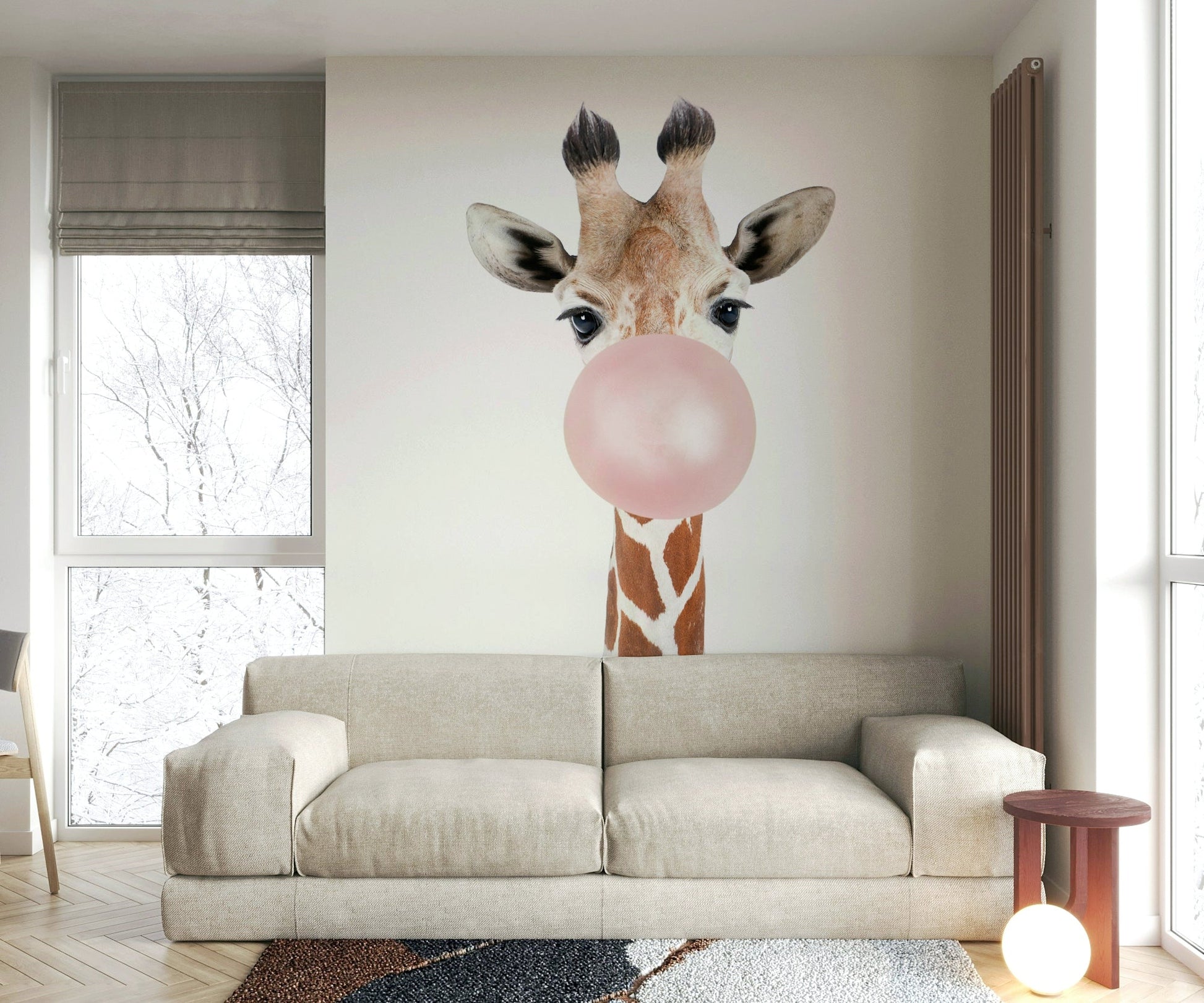 Colorful giraffe wall mural with a fun, light-hearted vibe.

