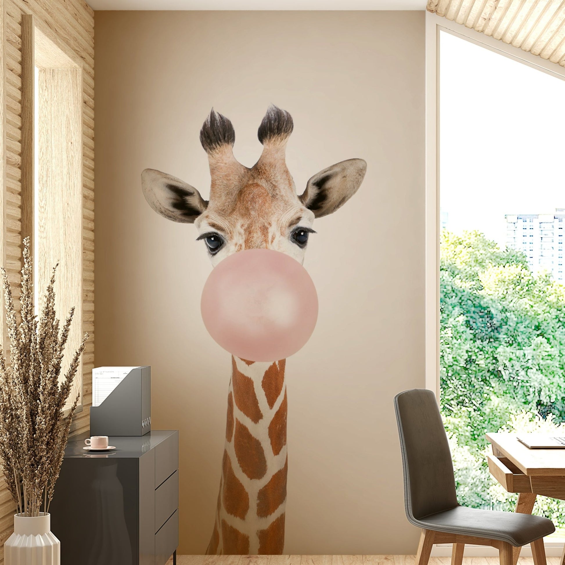 Whimsical giraffe blowing bubble gum mural for a unique room atmosphere.

