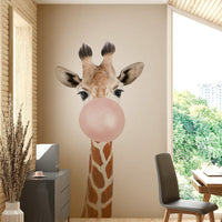 Whimsical giraffe blowing bubble gum mural for a unique room atmosphere.

