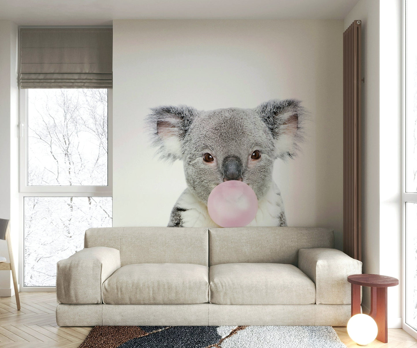 Cute koala blowing bubble gum in a colorful wall mural design.


