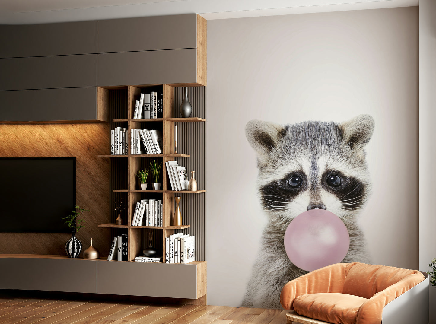 Bright and fun raccoon wallpaper mural with bubble gum."