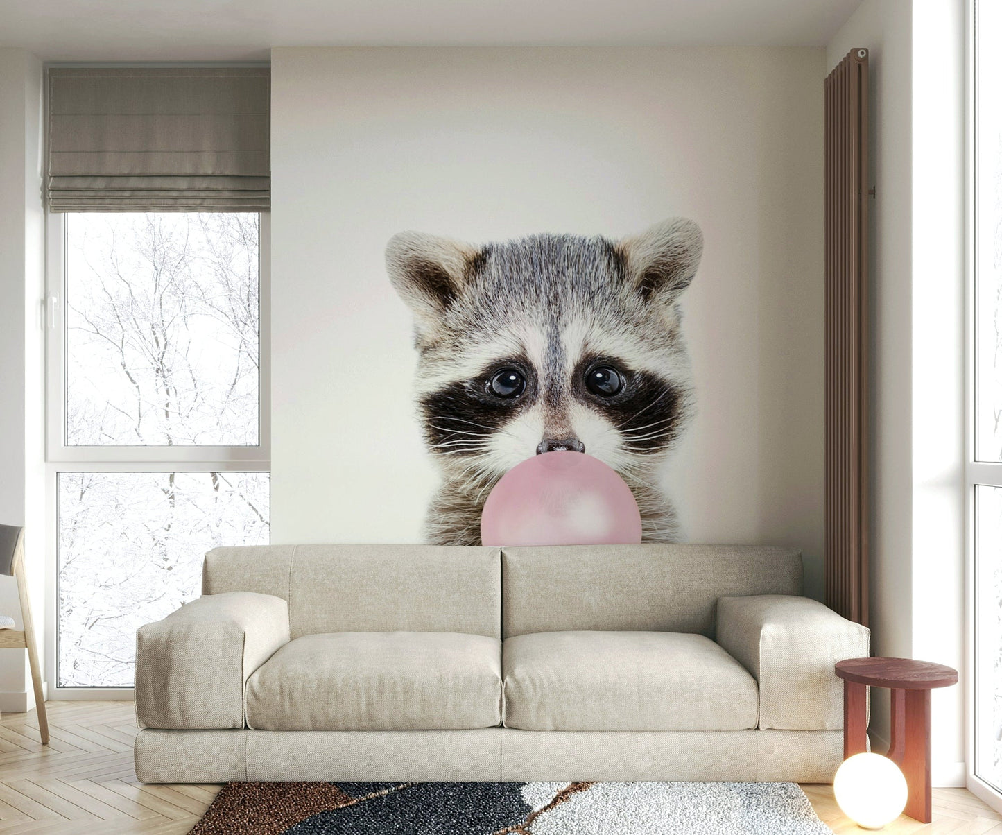 Fun and colorful raccoon mural with bubble gum twist for decor.

