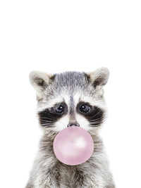 Playful bubble gum raccoon design mural for a quirky home decor.

