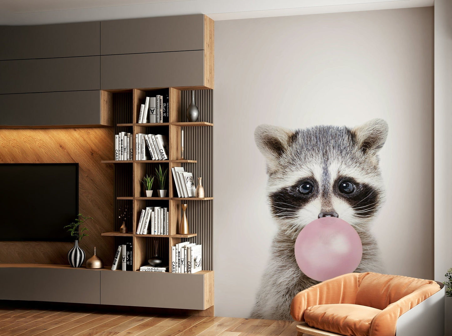 Whimsical bubble gum raccoon mural for creating a joyful atmosphere.

