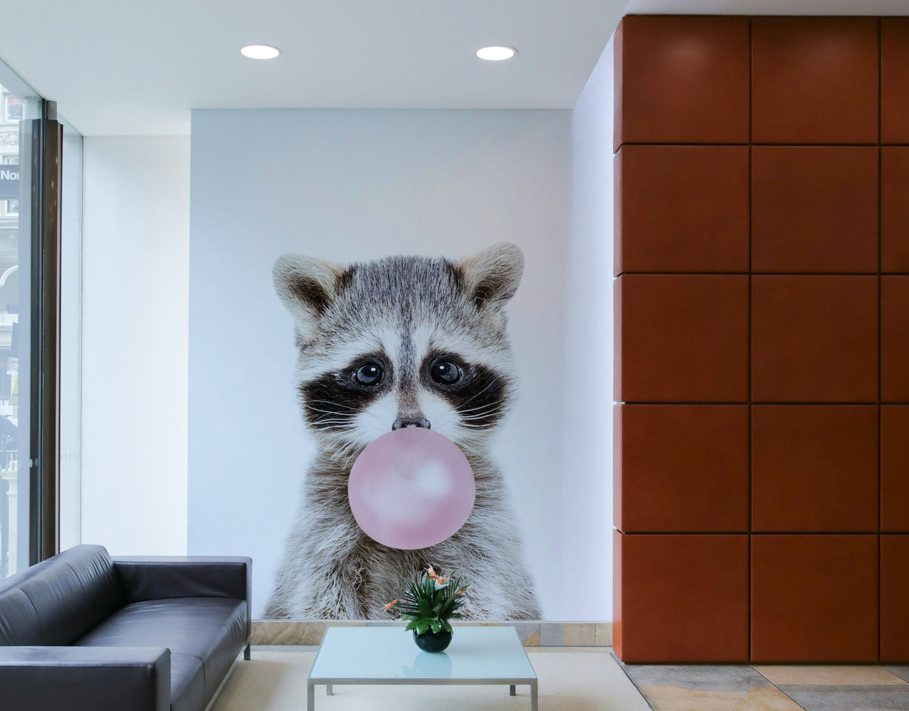 Playful raccoon mural with bubble gum for a fun, whimsical room.

