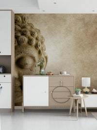 Soft color Buddha wallpaper in living room corner