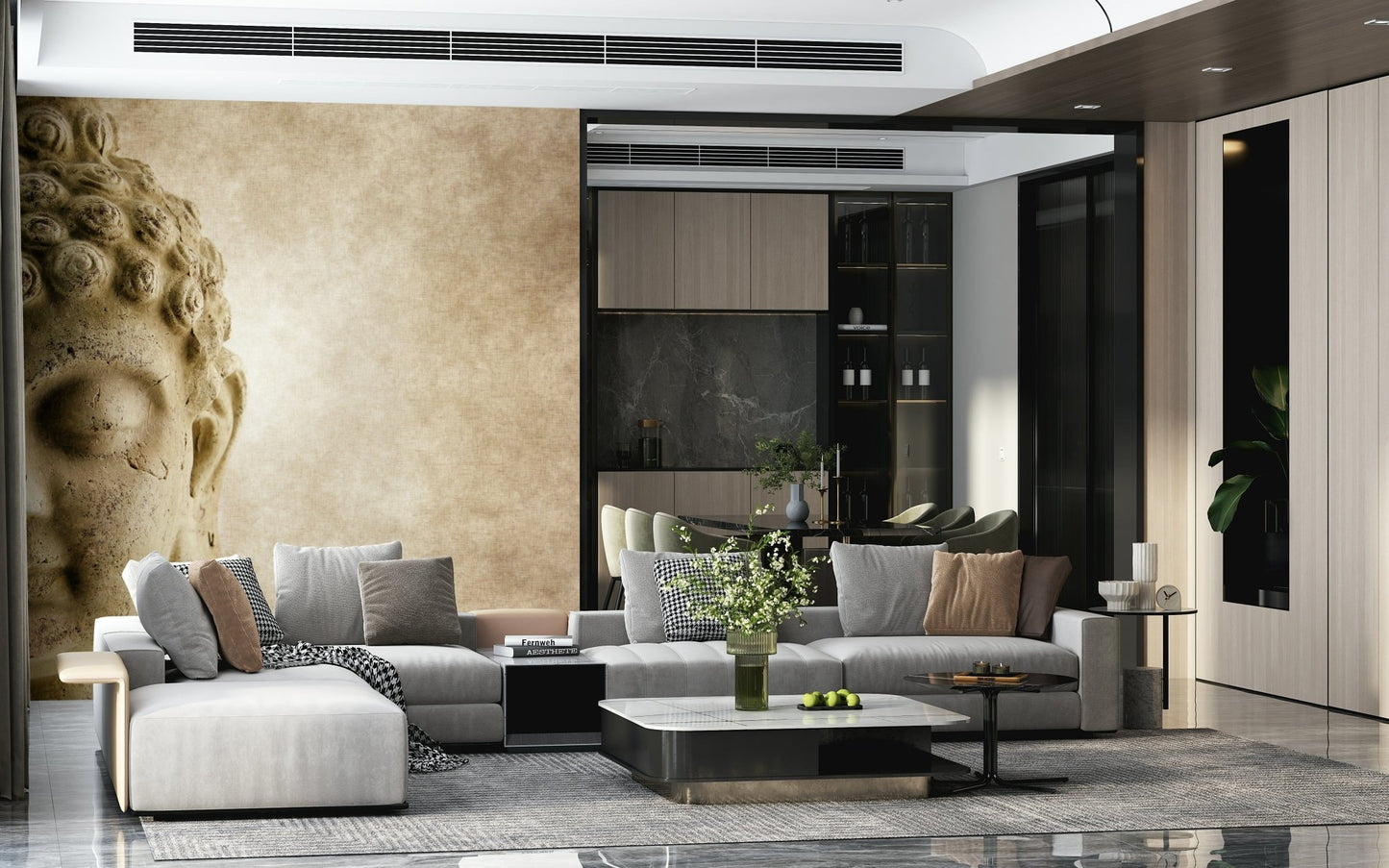 Buddha mural in a minimalist bedroom with warm natural lighting