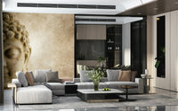 Buddha mural in a minimalist bedroom with warm natural lighting