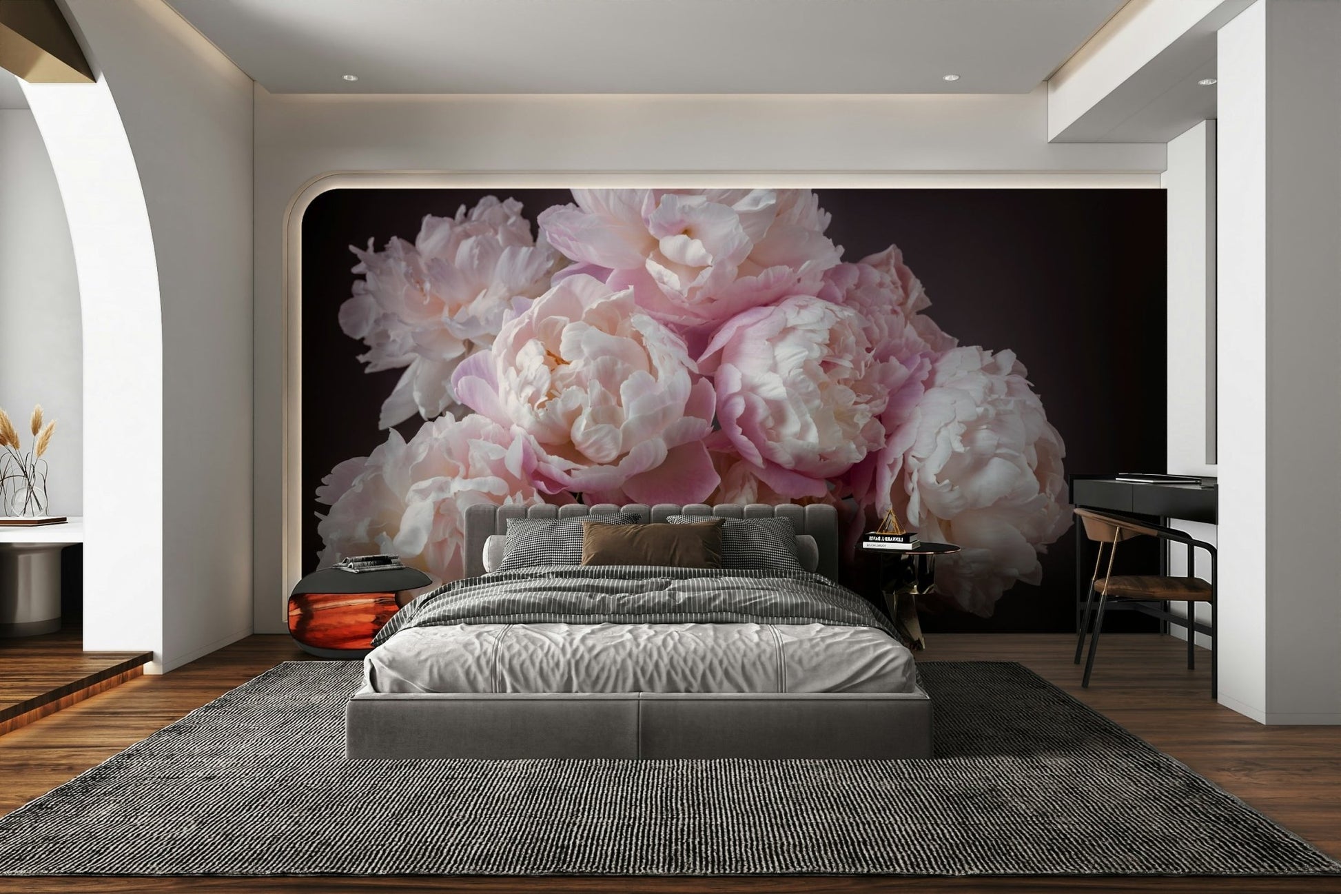 Gentle shades of pink and white.

