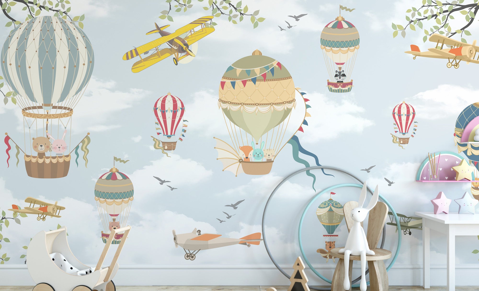 Floating Balloons Kids wallpaper mural shown as a full feature wall that highlights the design