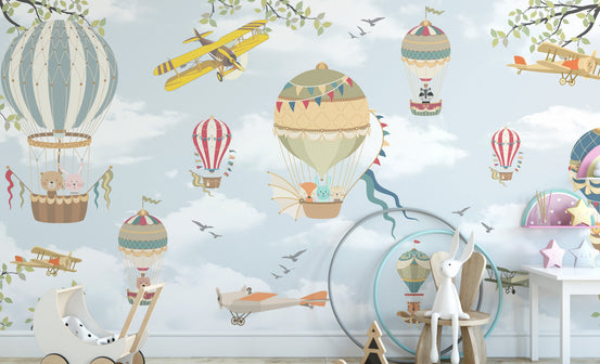 Floating Balloons Kids wallpaper mural shown as a full feature wall that highlights the design