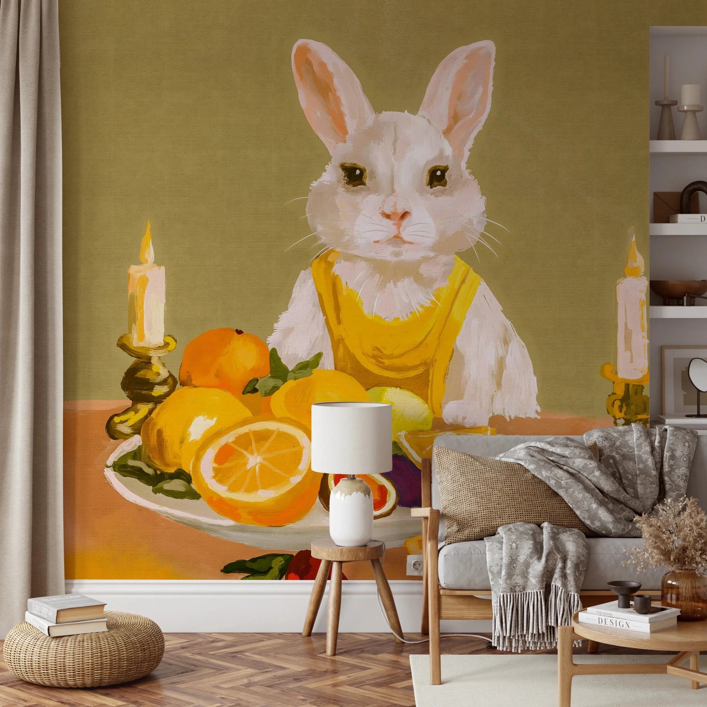Bunny Candlelight Fruit Dinner Oil Painting Wall Mural