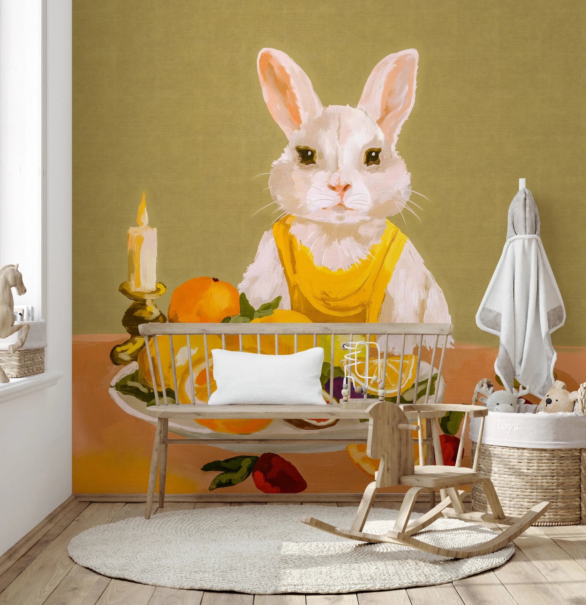 Bunny Candlelight Fruit Dinner Oil Painting Wall Mural