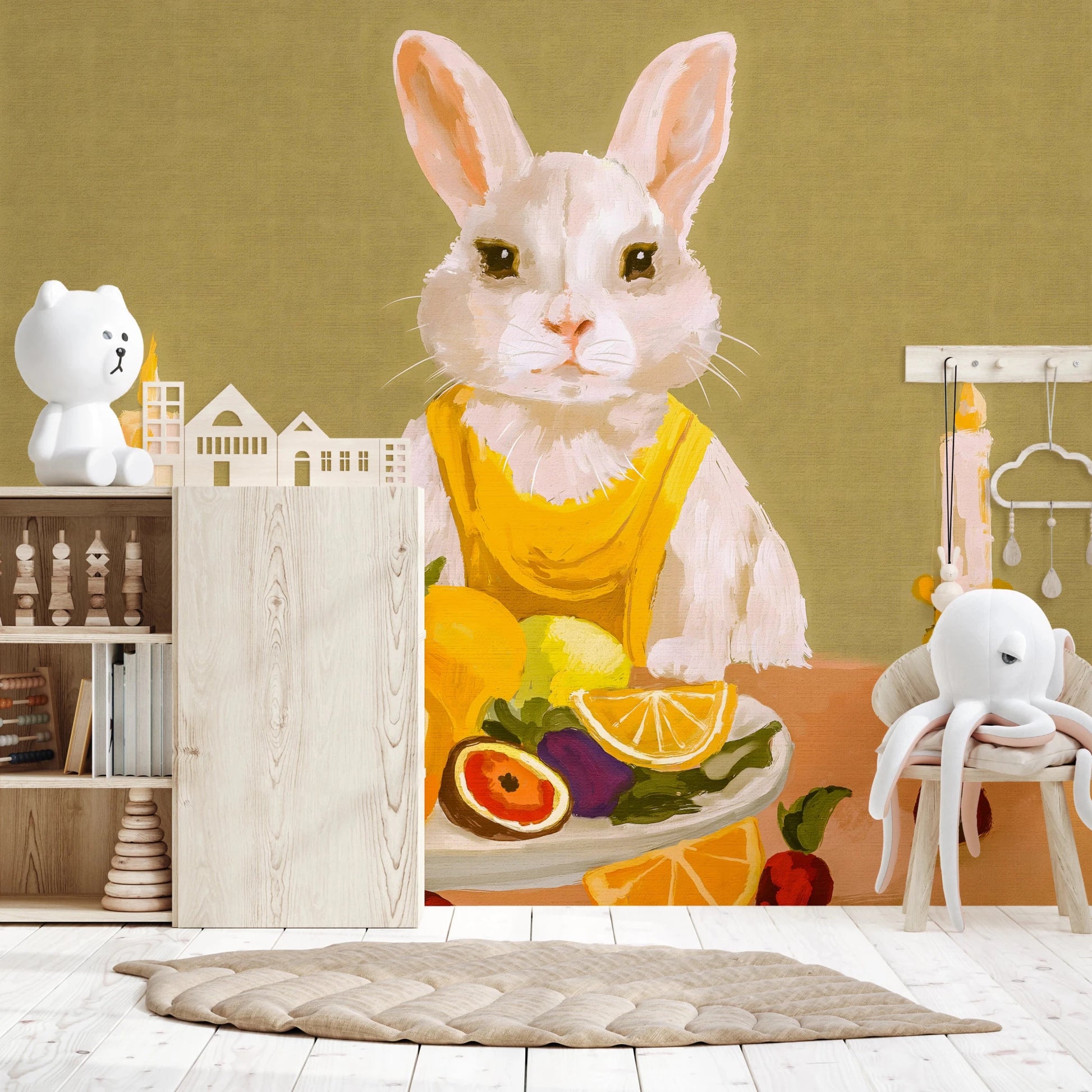 Bunny Candlelight Fruit Dinner Oil Painting Wall Mural