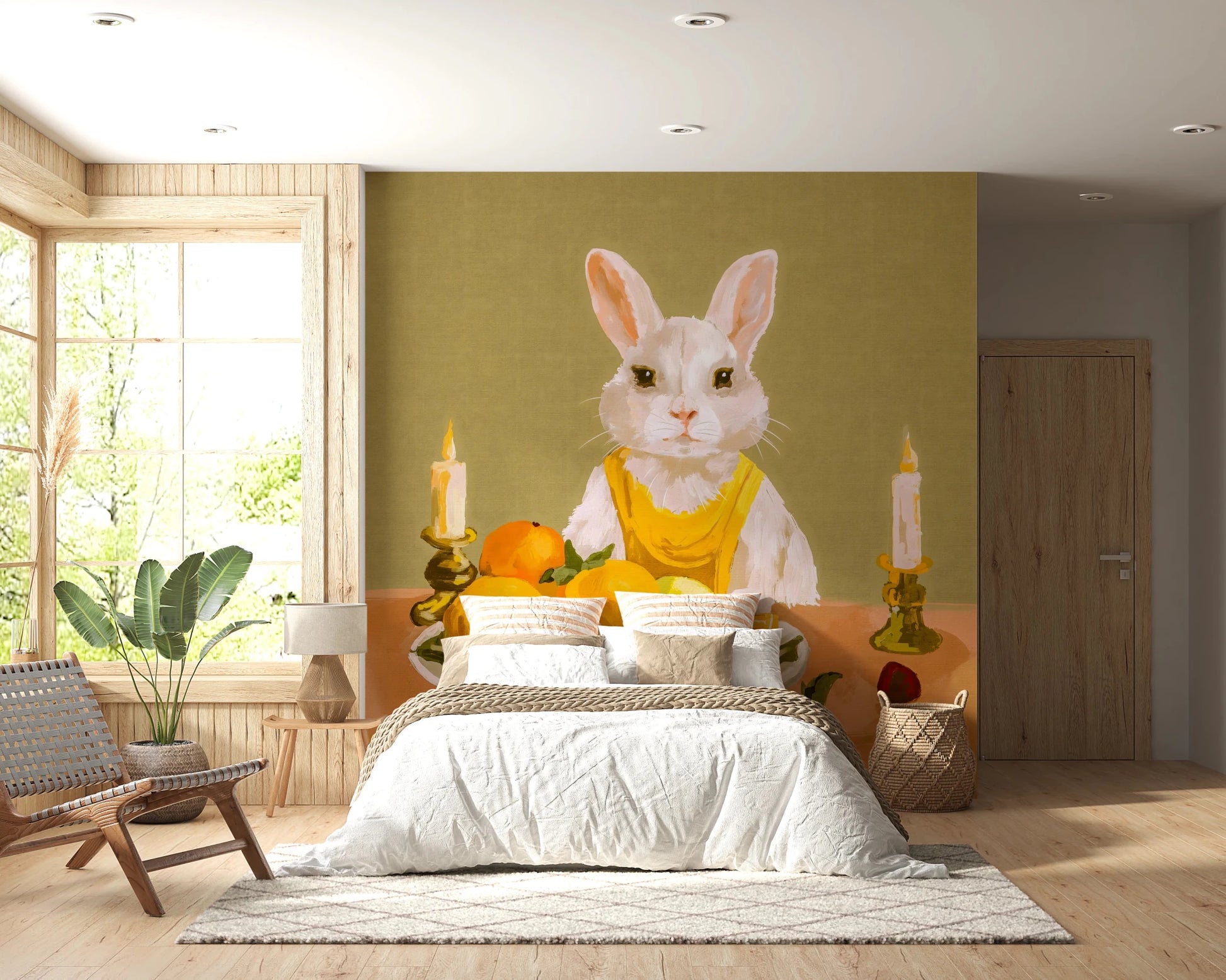 Bunny Candlelight Fruit Dinner Oil Painting Wall Mural