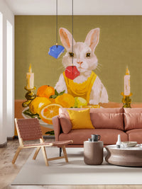 Bunny Candlelight Fruit Dinner Oil Painting Wall Mural