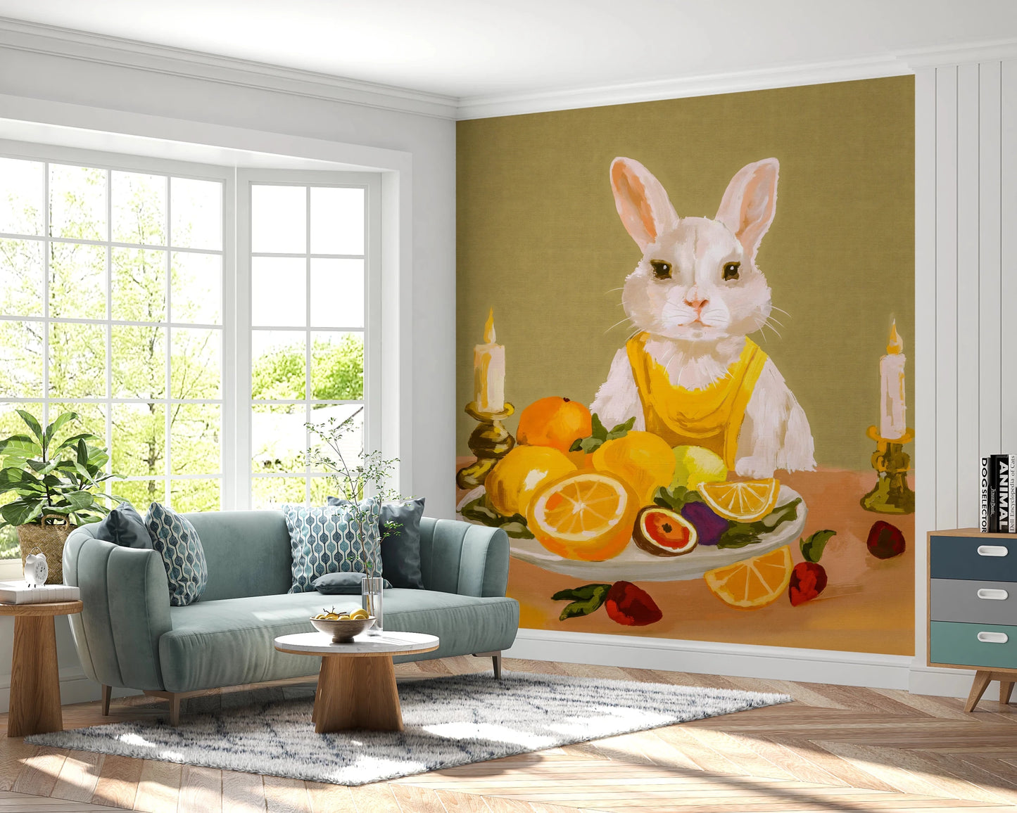 Bunny Candlelight Fruit Dinner Oil Painting Wall Mural