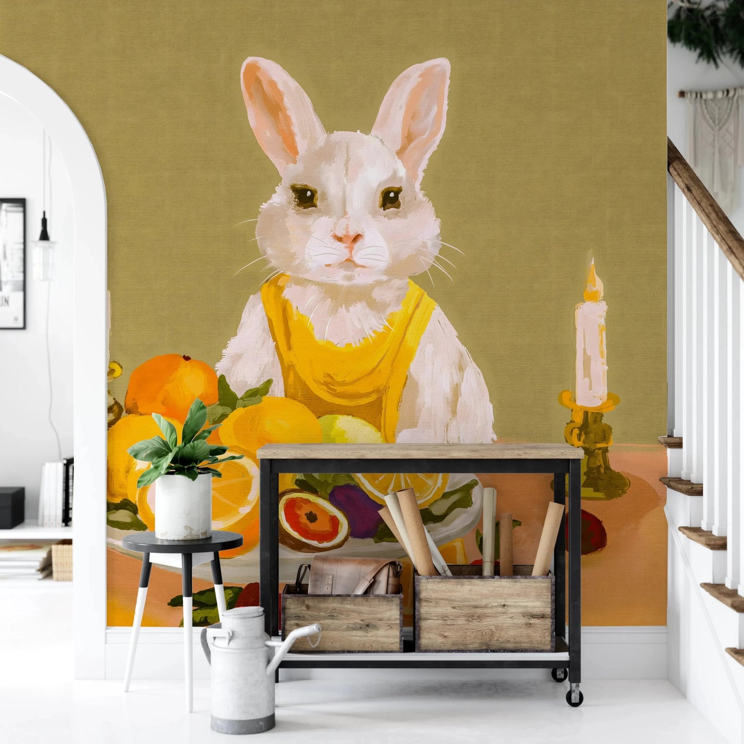 Bunny Candlelight Fruit Dinner Oil Painting Wall Mural