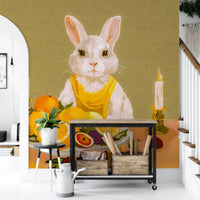 Bunny Candlelight Fruit Dinner Oil Painting Wall Mural