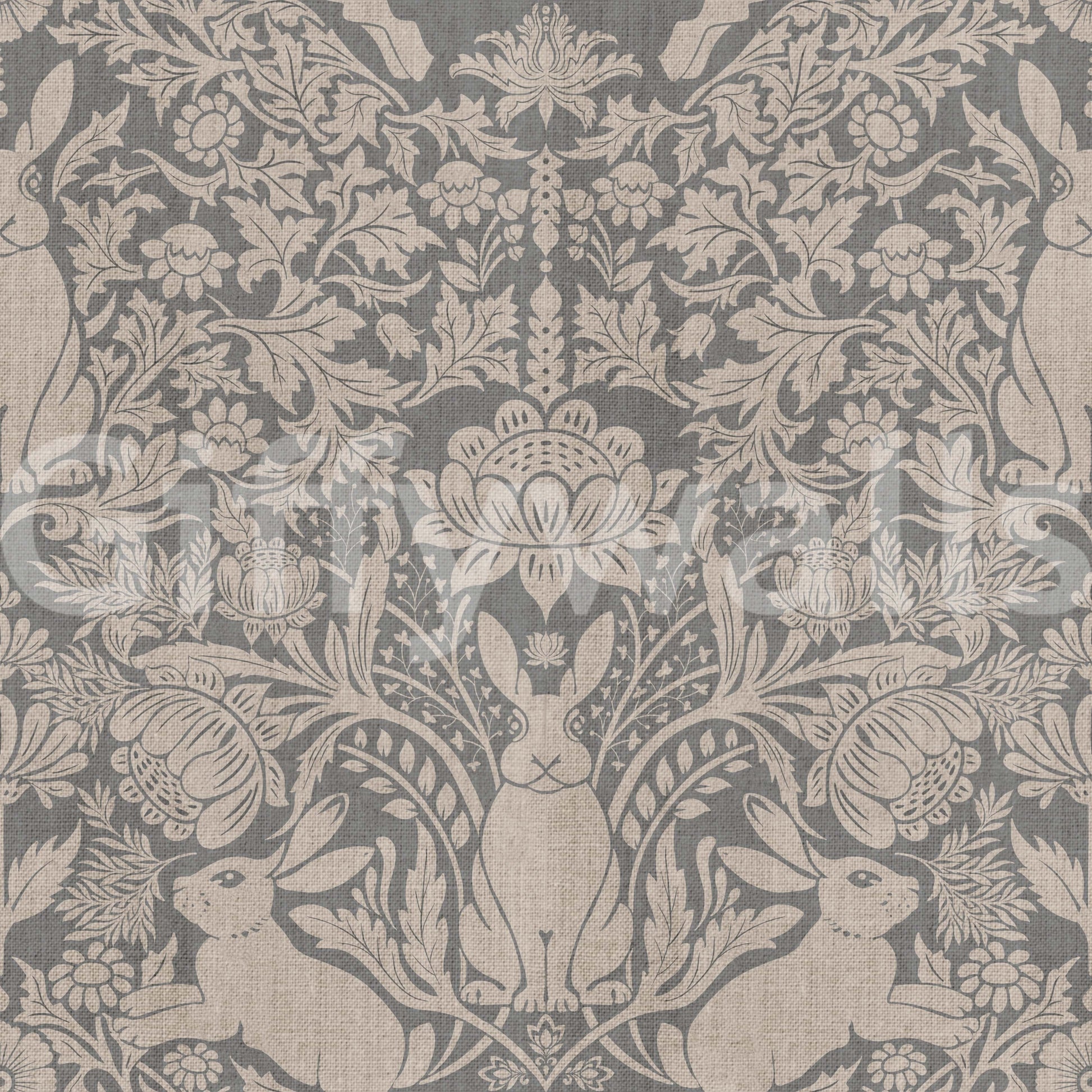 Floral and animal wall mural with cute bunnies and elegant damask patterns for stylish interiors.