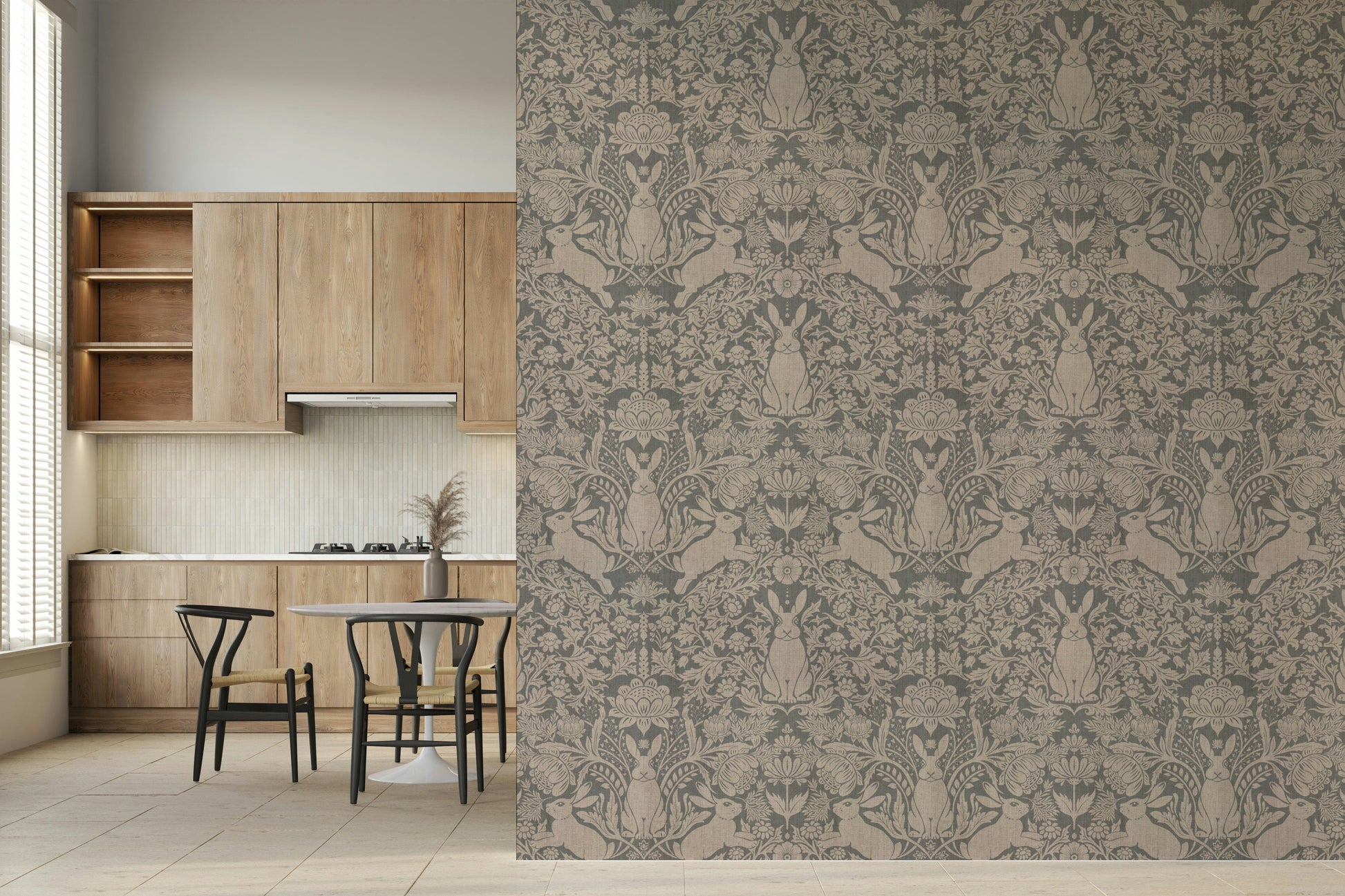 Bunny Bloom Damask Wallpaper — charming woodland animals integrated with classic damask decor.