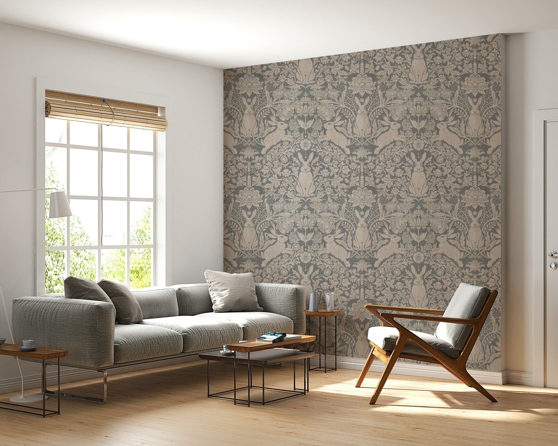 Elegant damask wall mural with bunnies and decorative floral elements.