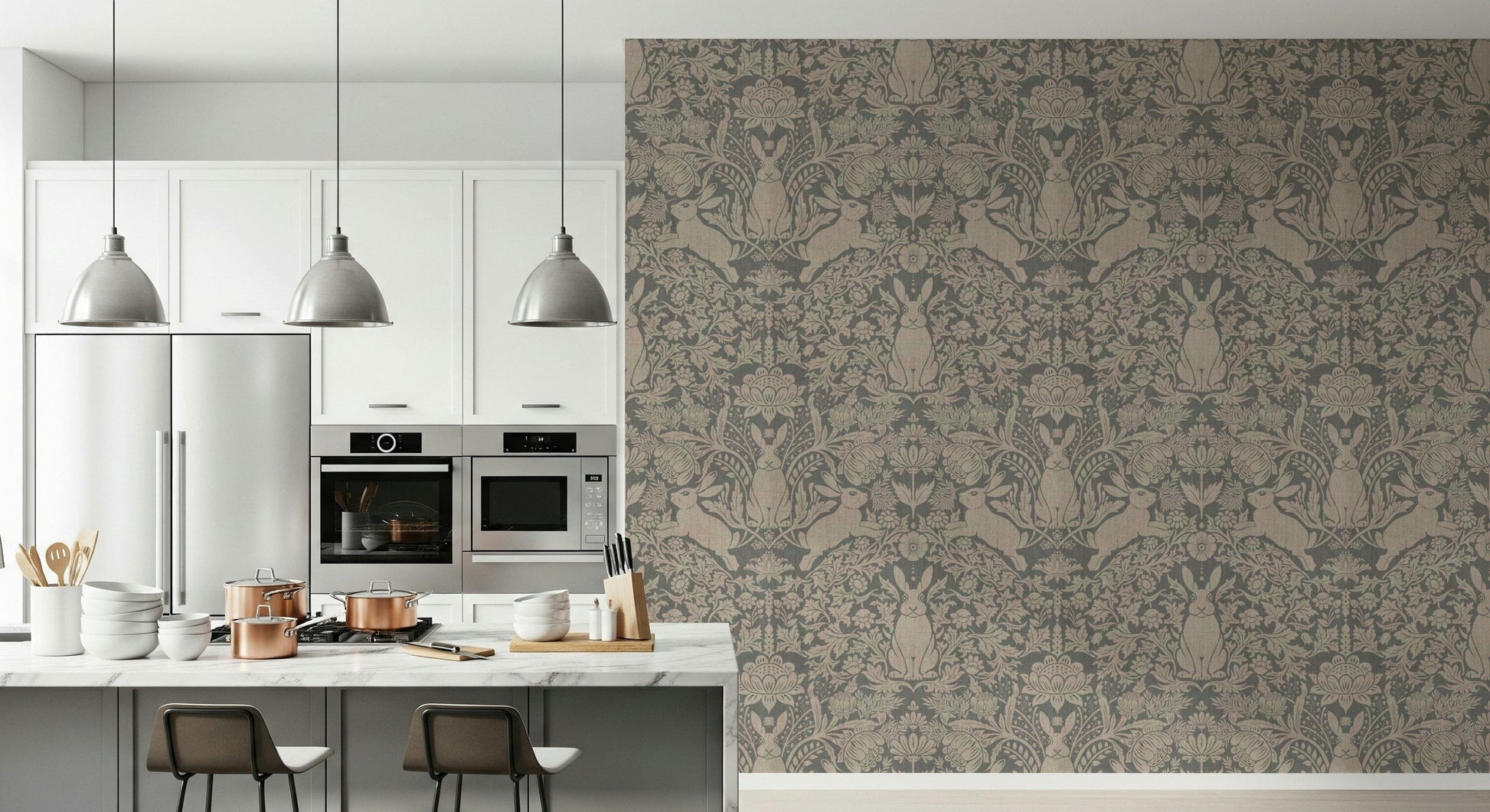 Bunny Bloom Damask Wallpaper — playful woodland rabbits combined with intricate damask motifs.