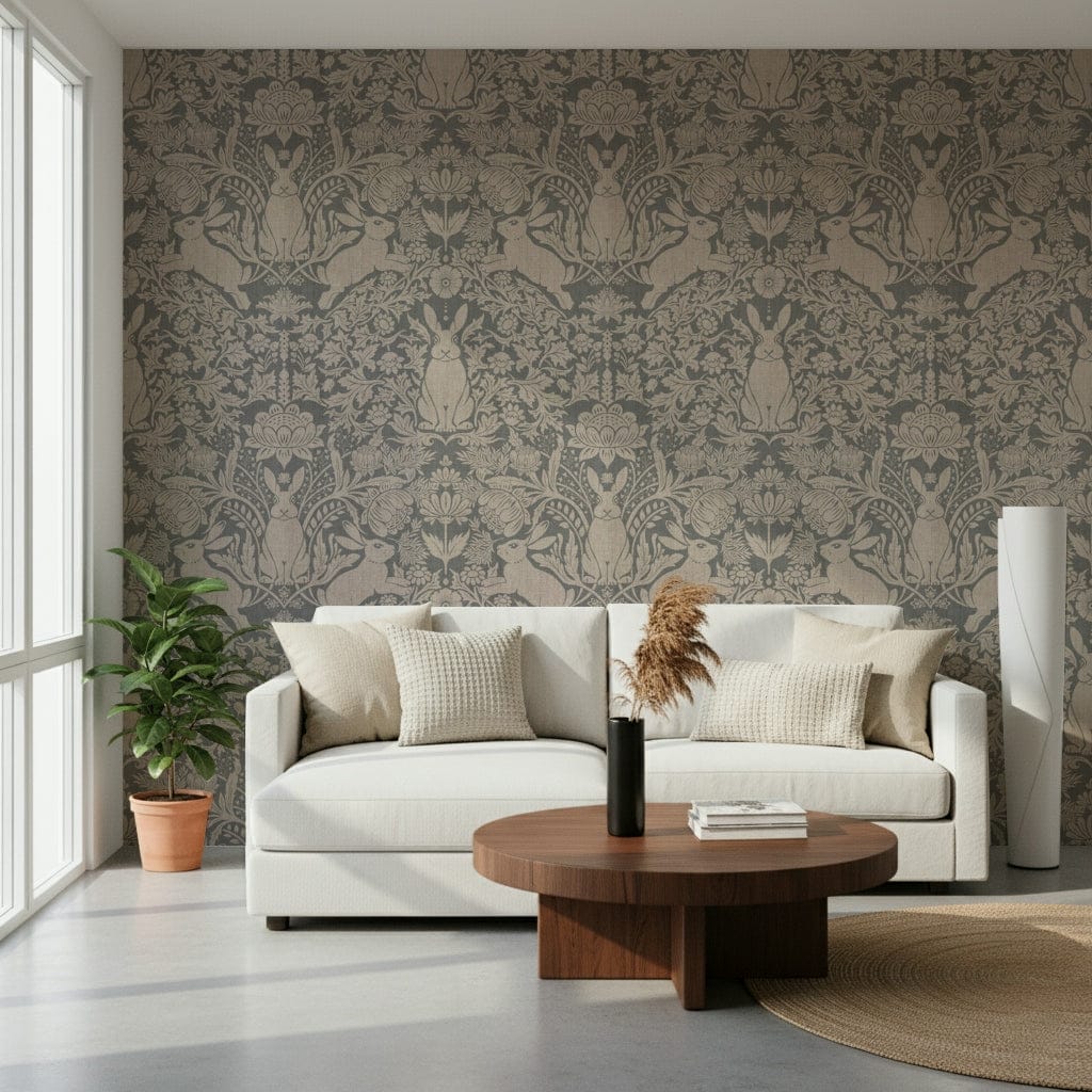 Bunny Bloom Damask Wallpaper featuring a cute bunny amidst elegant floral damask patterns.