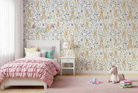 Floral Bunny Bliss, captivating mural with fluttering insects and sweet rabbits.