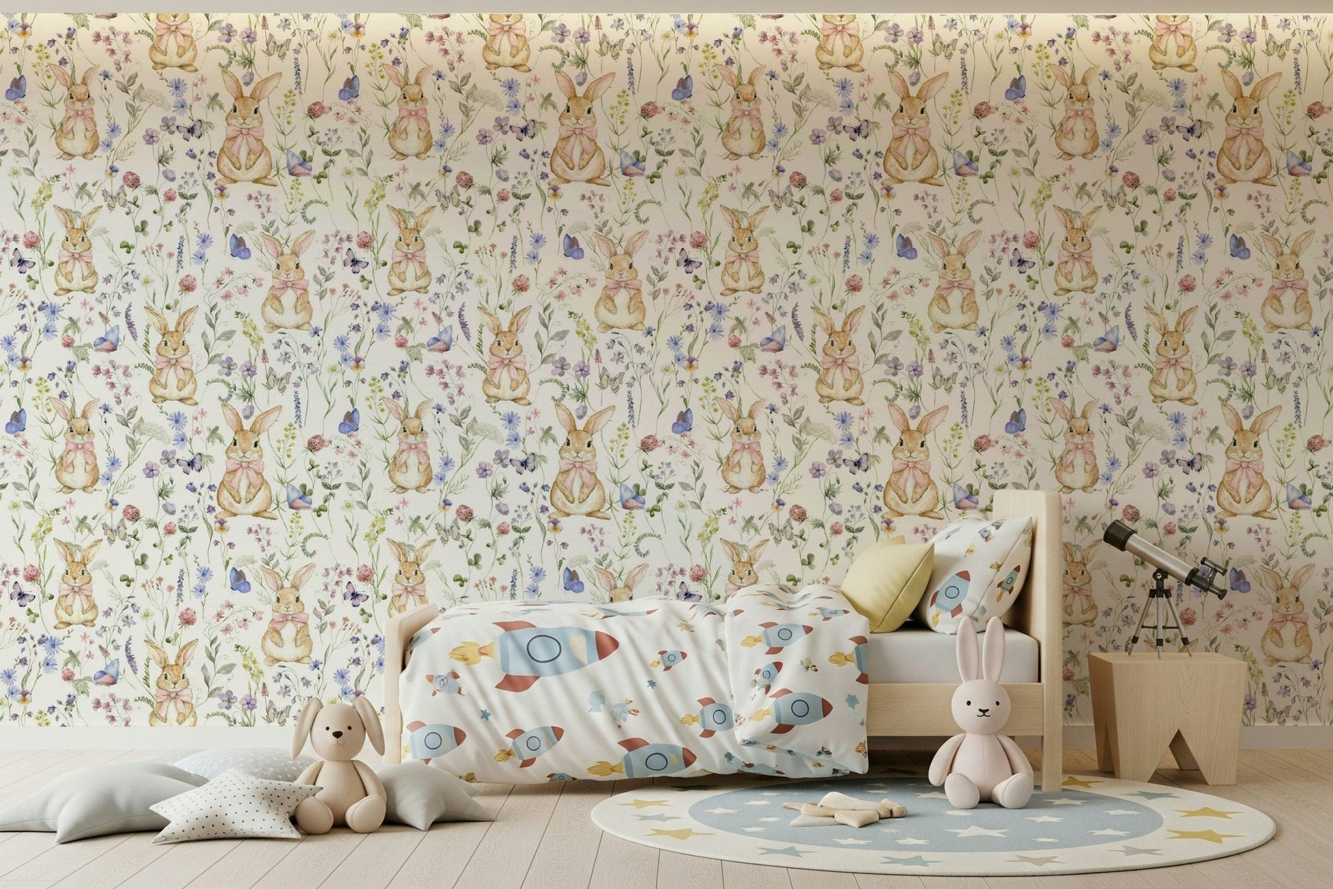 Nursery-friendly Floral Bunny Bliss mural, adorable rabbits among florals.