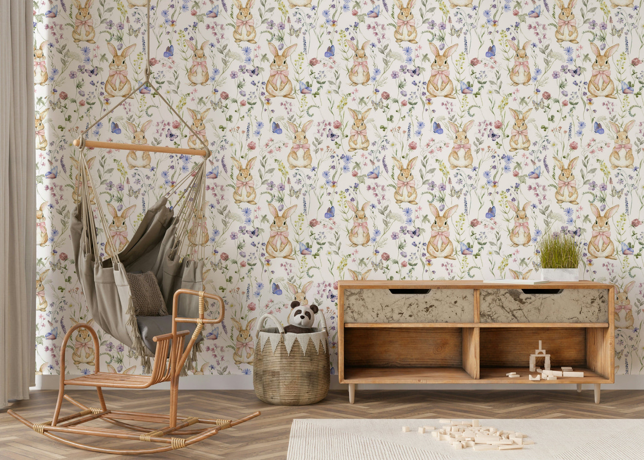 Charming wall mural, Floral Bunny Bliss, with playful bunnies and blue butterflies.
