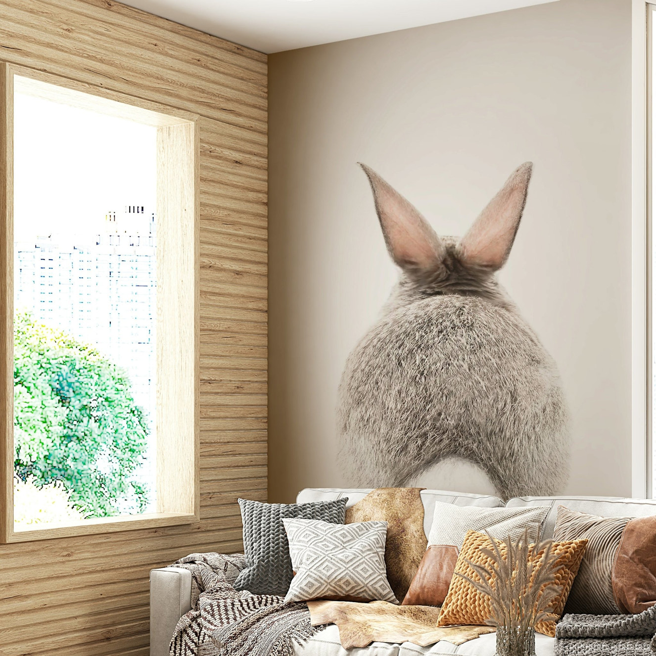 Bunny tail design mural in soft pastel tones for a dreamy room vibe.

