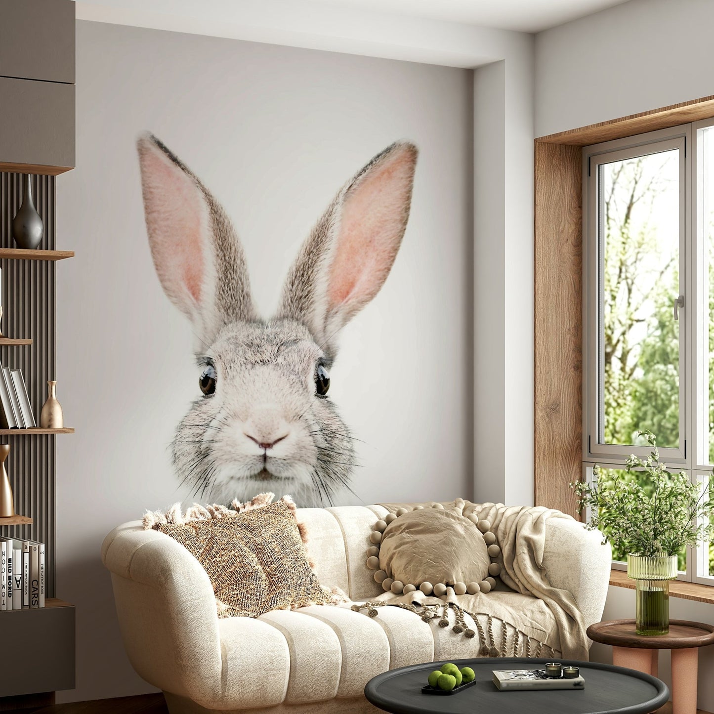 Bunny mural wallpaper for a cheerful and cozy room ambiance.

