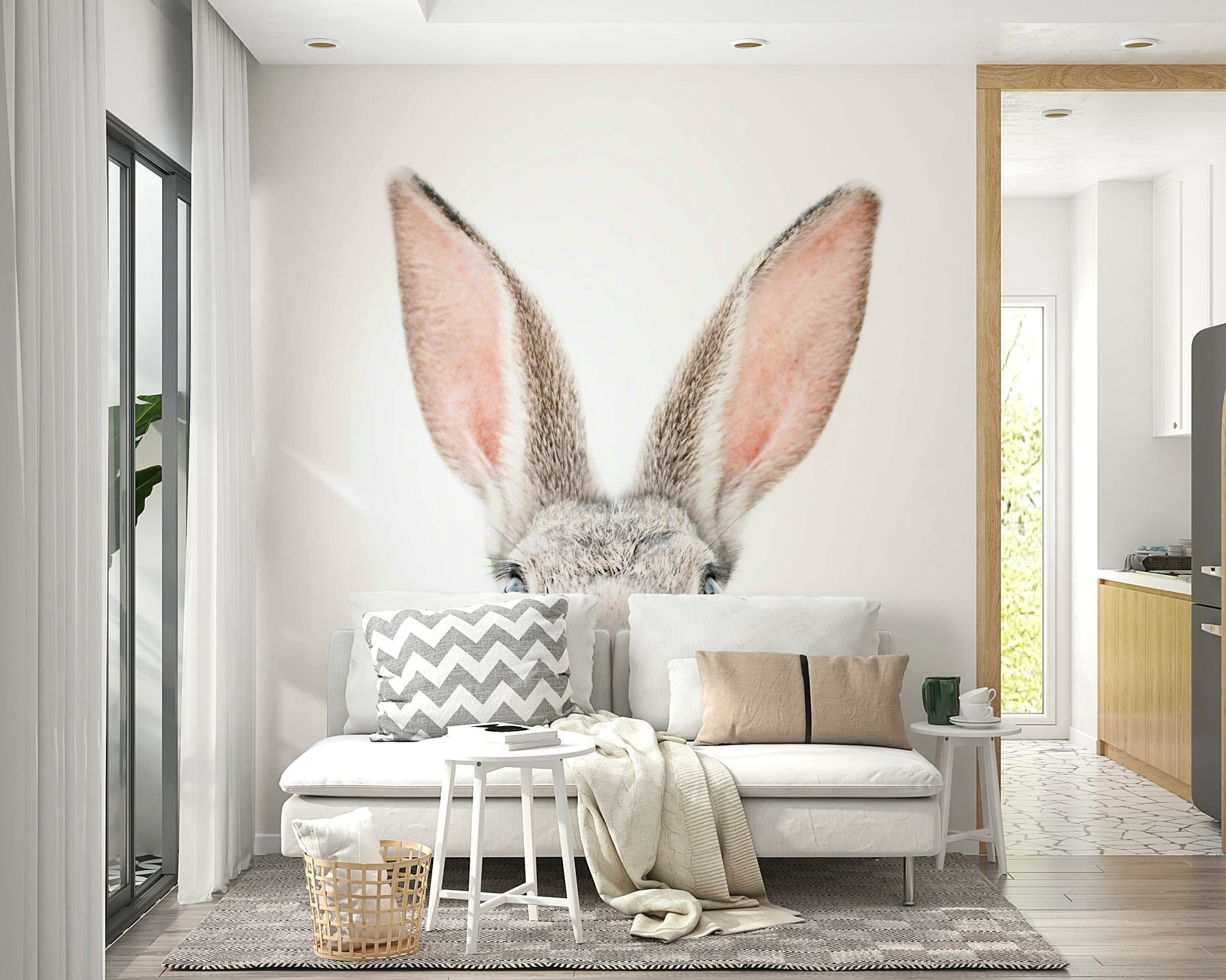 Adorable bunny wall mural with gentle colors and detailed features.

