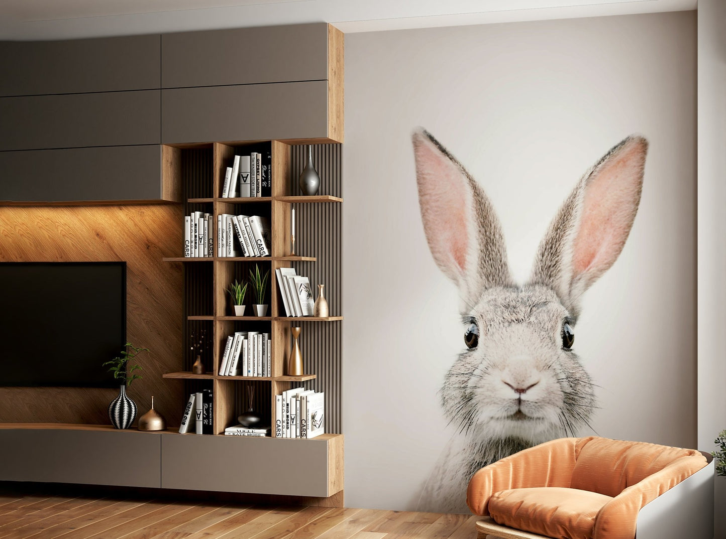 Cute bunny mural creating a light and whimsical atmosphere.


