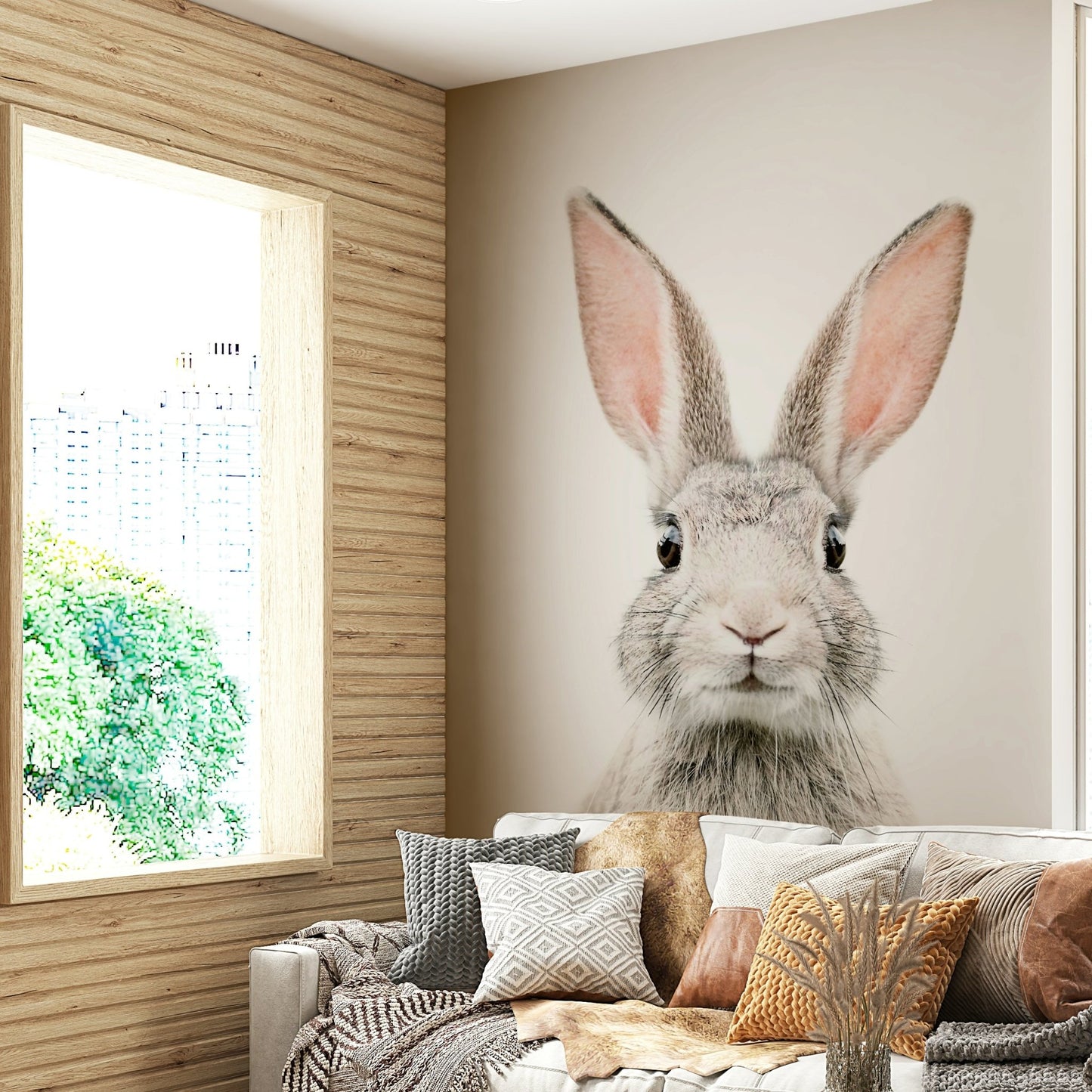 Playful bunny design mural for kids’ rooms or nurseries.

