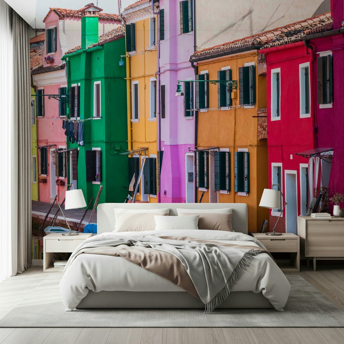 Home accent Burano Colors canal with moored small boats.