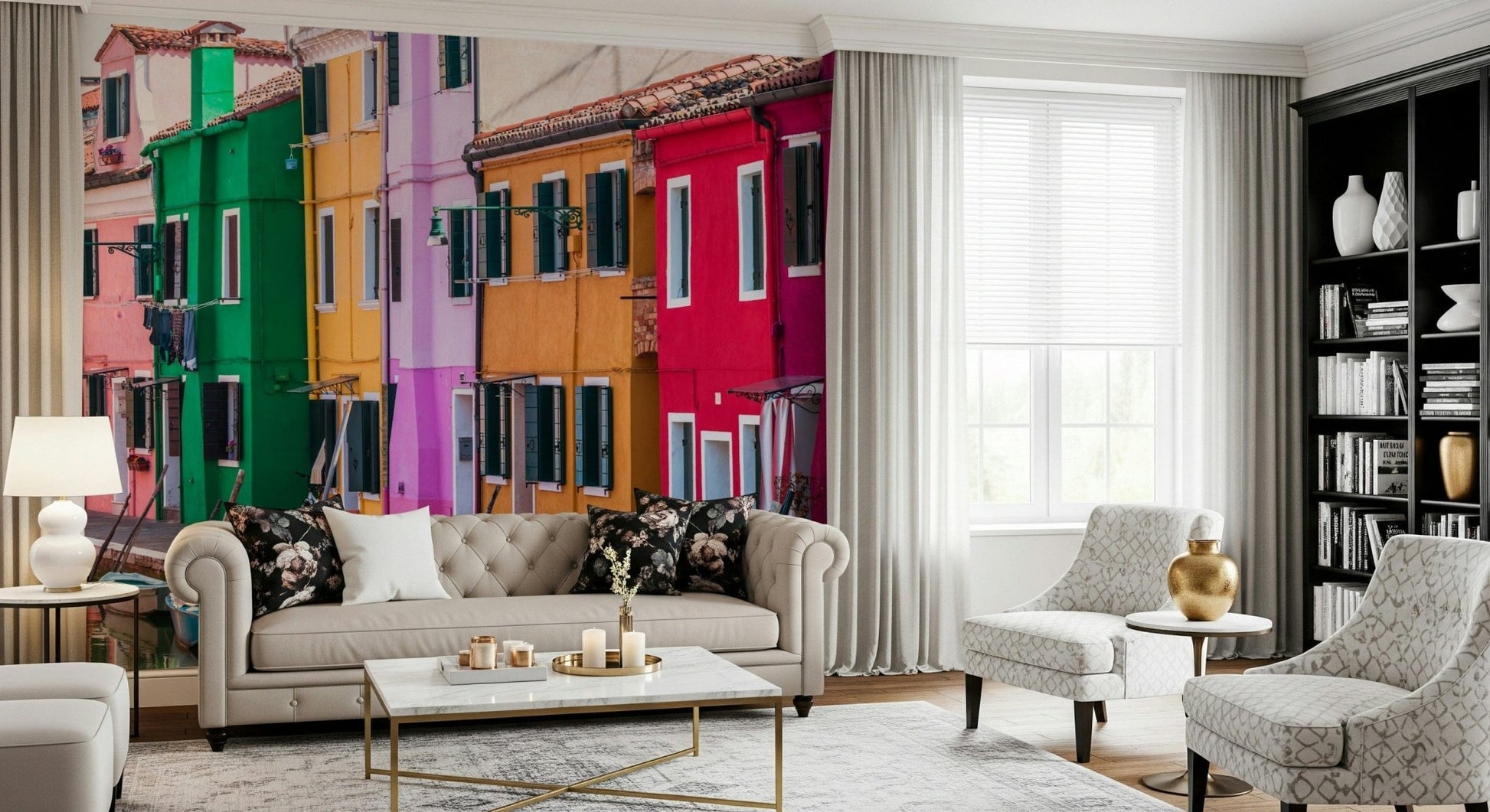 Vibrant Burano Colors decor waterfront colorful town houses.