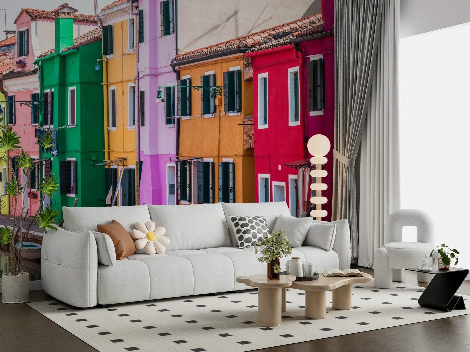 Colorful Burano Colors wall mural dockside boats scene.