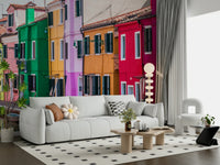 Colorful Burano Colors wall mural dockside boats scene.