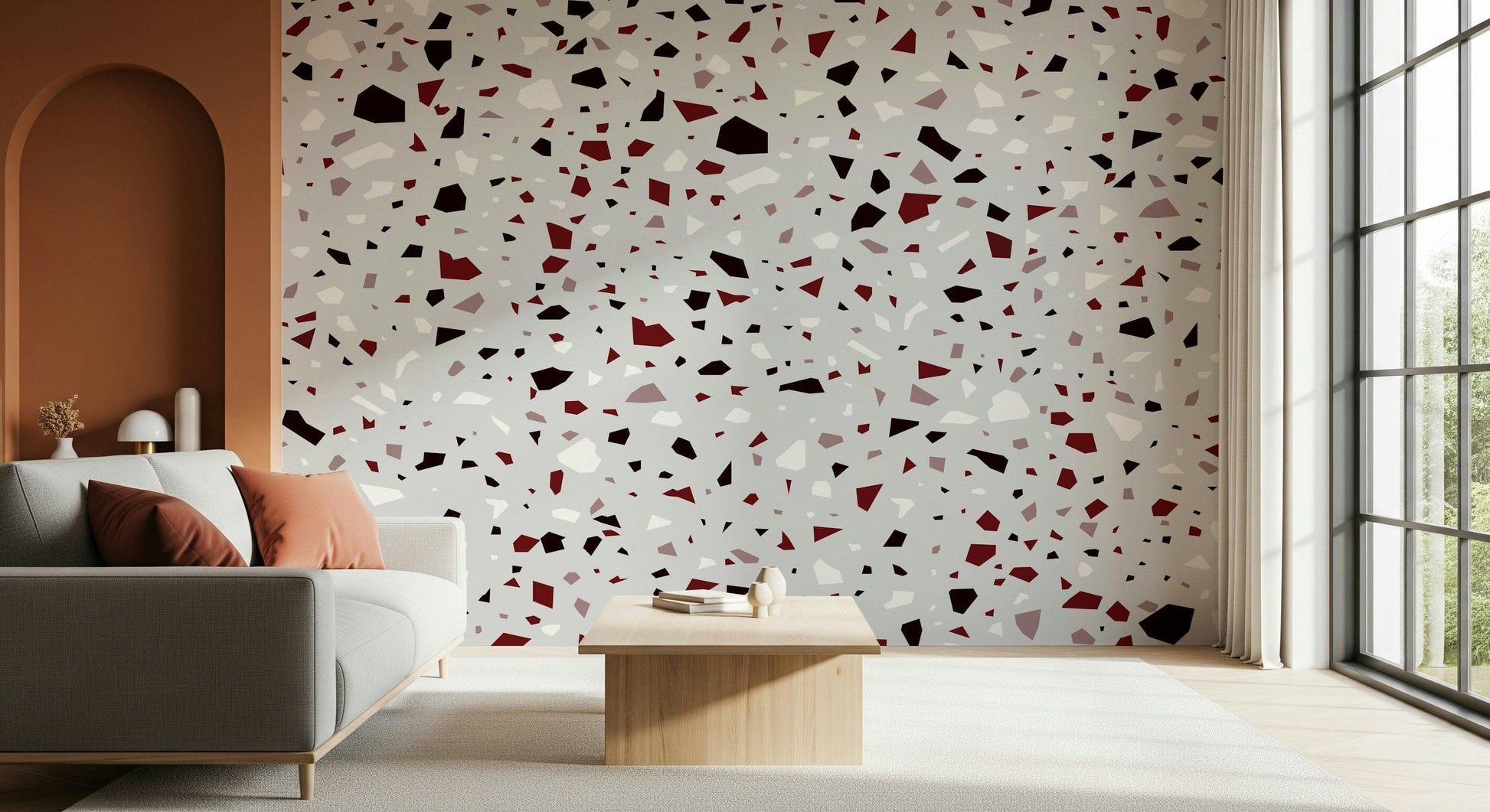 A calming abstract design wallpaper mural that defines a space.
