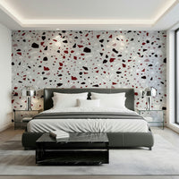 A beautiful abstract mosaic wallpaper mural with a burgundy burst pattern.
