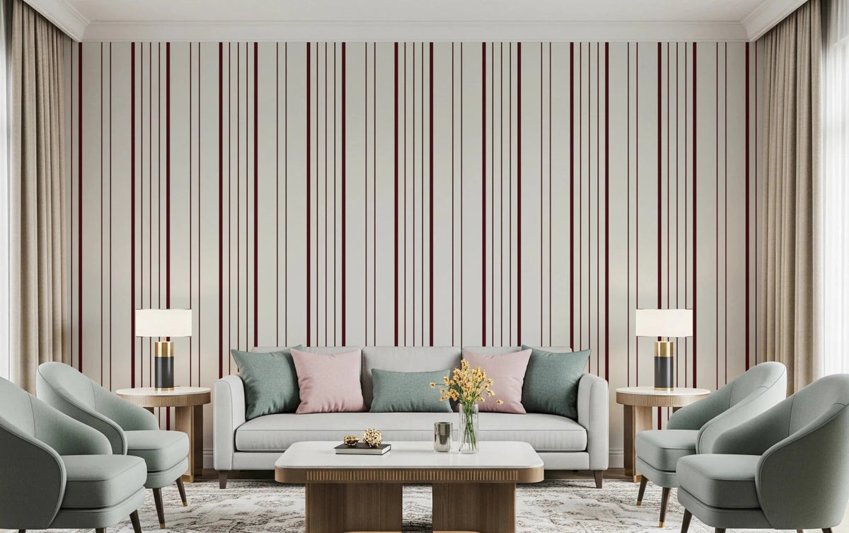 Burgundy Stripe wallpaper in an elegant living room with white sofa, sage armchairs and twin table lamps