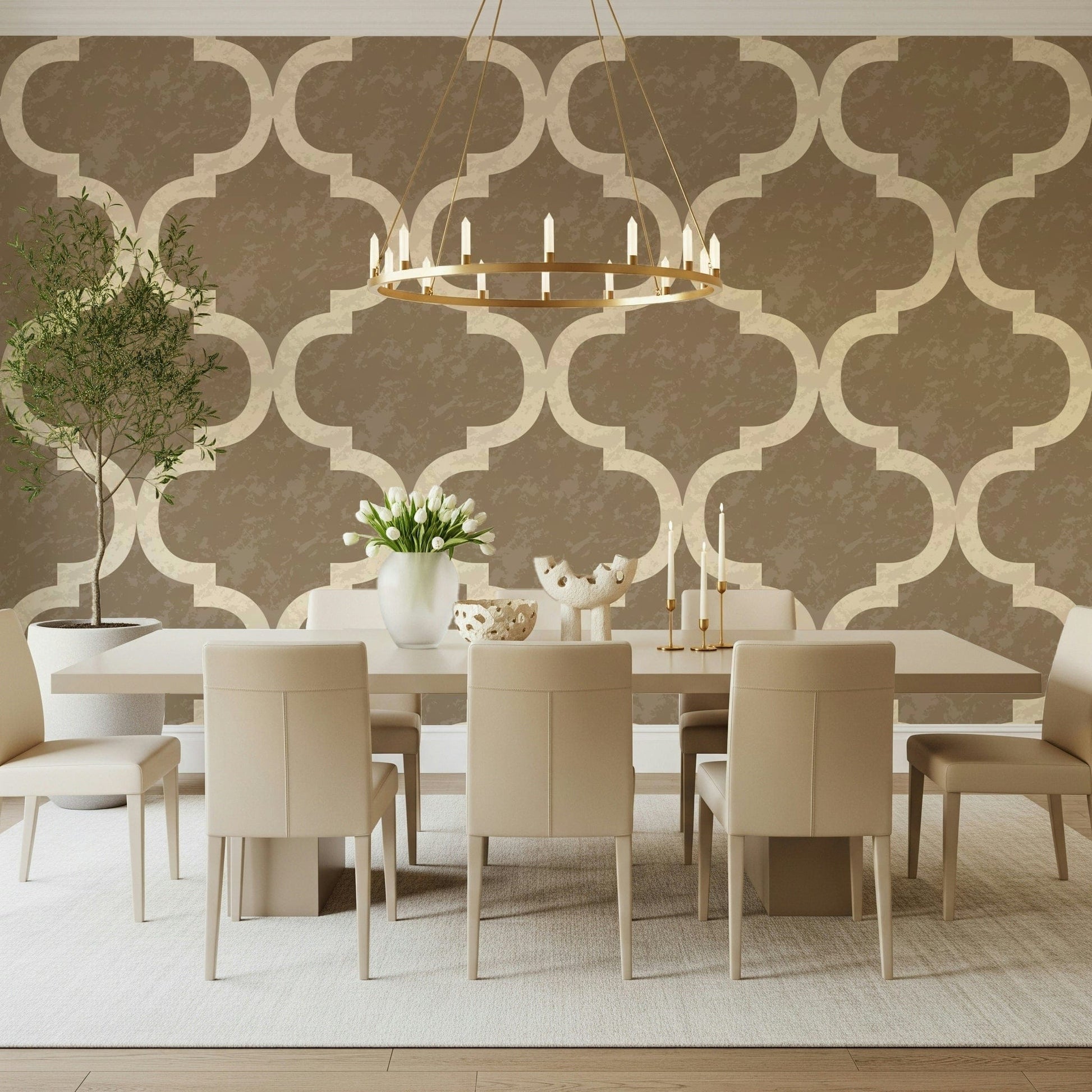 Statement Moroccan ogee wallpaper in warm tan and ivory