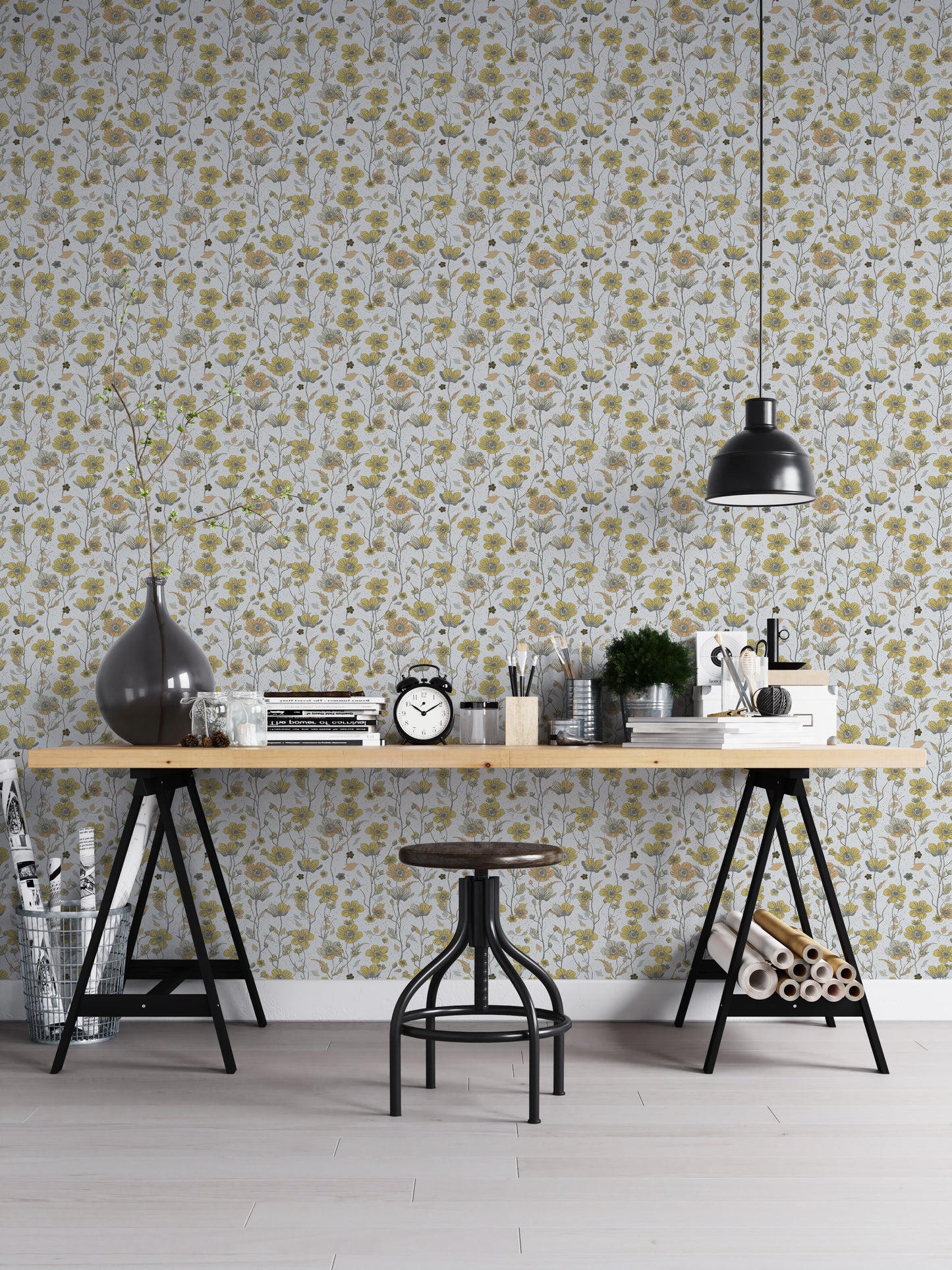 Buttercups Garden Golden and Gray Wallpaper