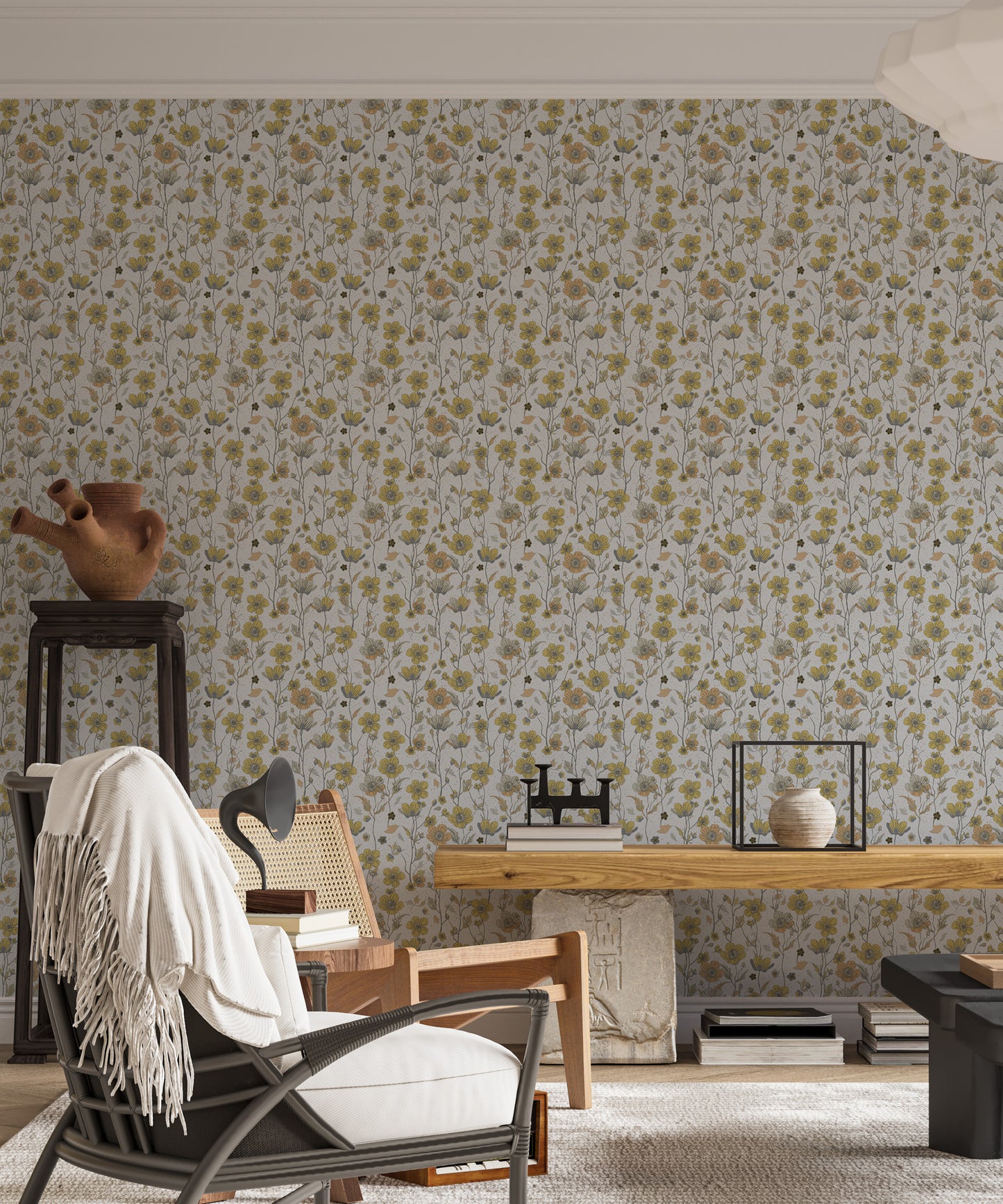 Buttercups Garden Golden and Gray Wallpaper