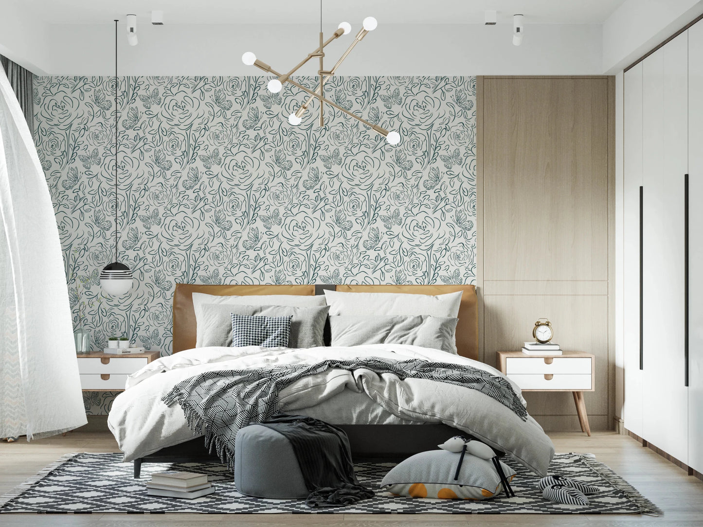 Butterfly Bloom Line Art wallpaper behind a wood headboard with modern chandelier and white nightstands