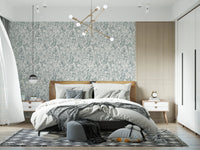 Butterfly Bloom Line Art wallpaper behind a wood headboard with modern chandelier and white nightstands