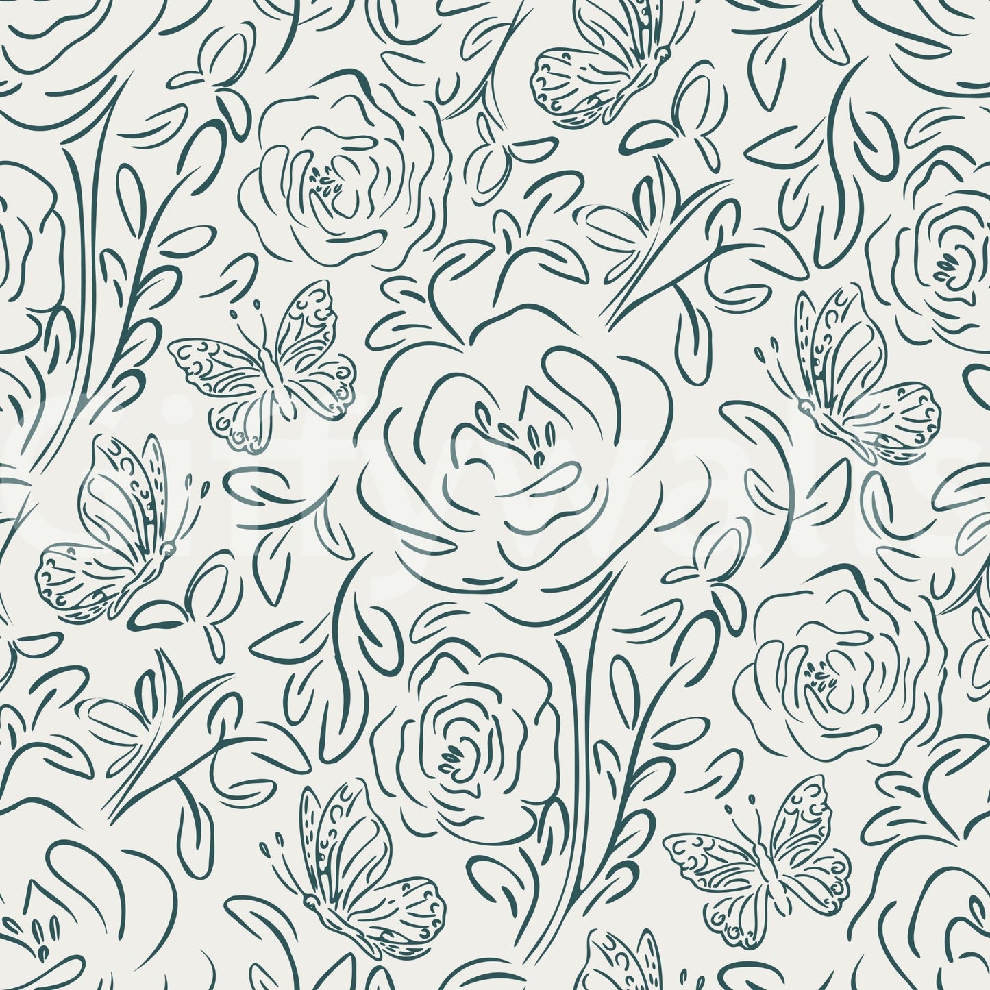 Butterfly Bloom Line Art wallpaper close-up of teal line-drawn roses and butterflies on cream