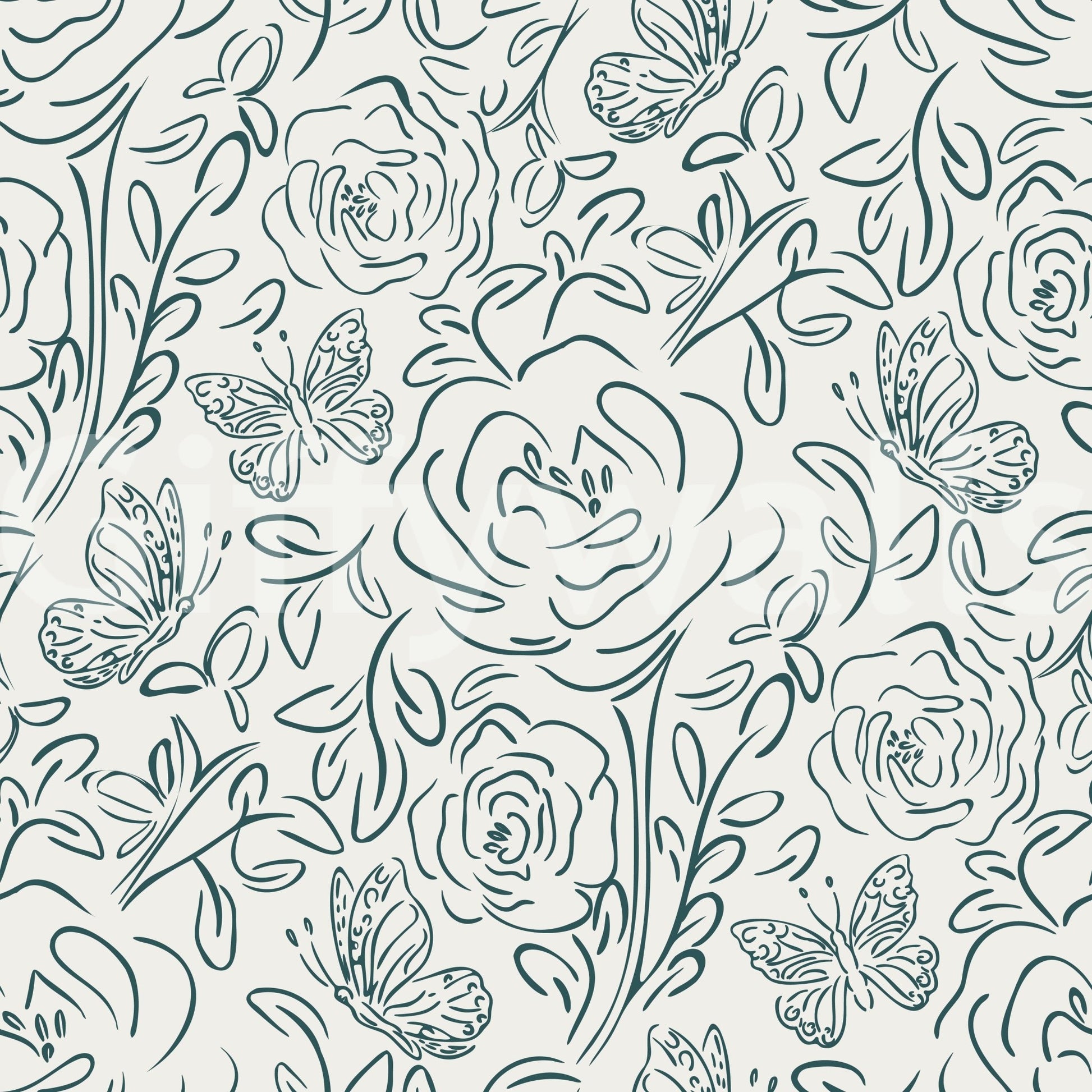 Butterfly Bloom Line Art wallpaper close-up of teal line-drawn roses and butterflies on cream